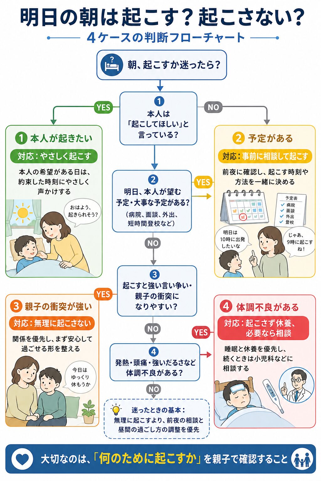 子どもの希望、予定、親子の衝突、体調不良から、朝起こすかどうかを判断する流れ
