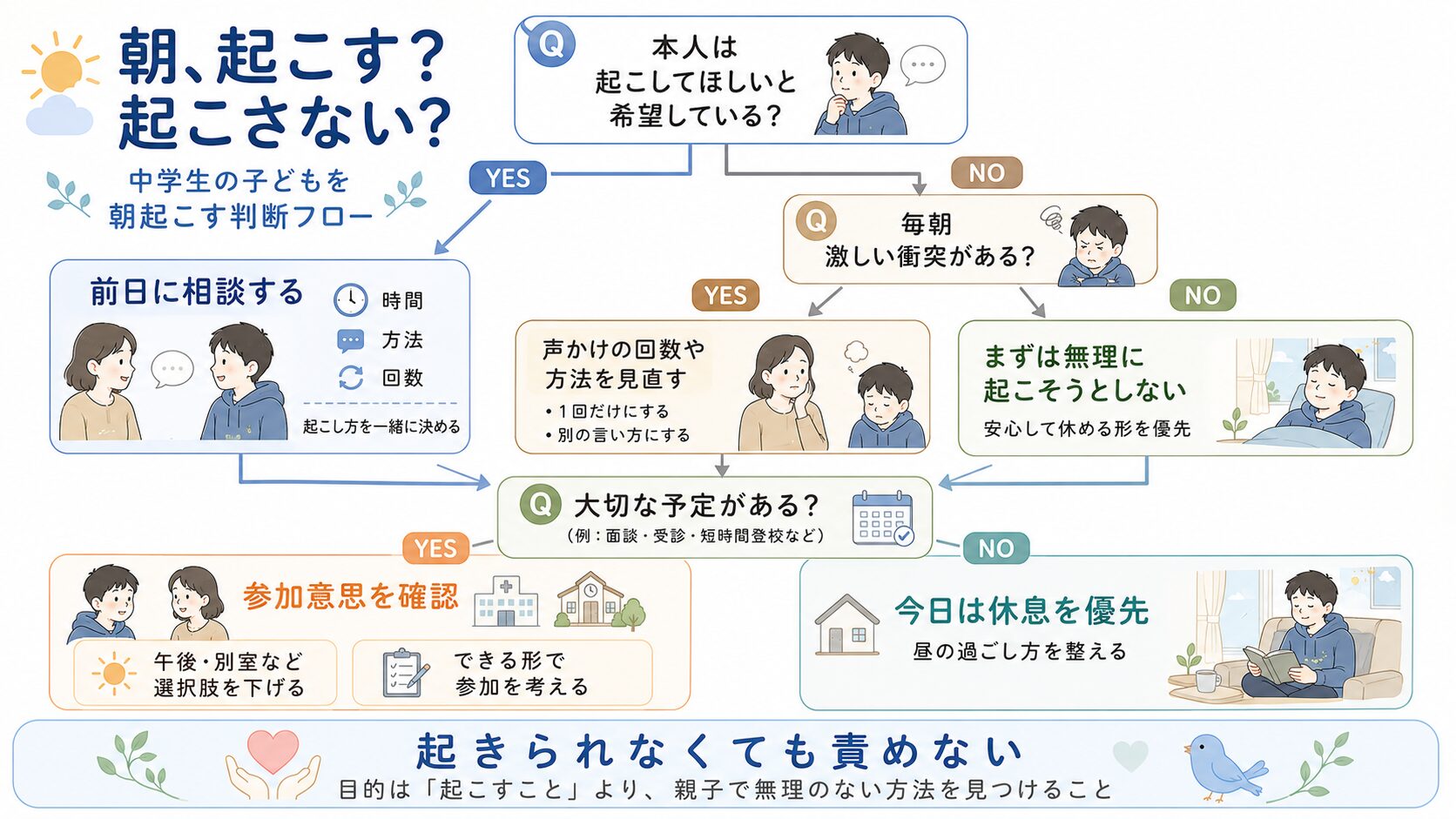 本人の希望、親子の衝突、大切な予定の有無から、朝の起こし方を判断するフローチャート
