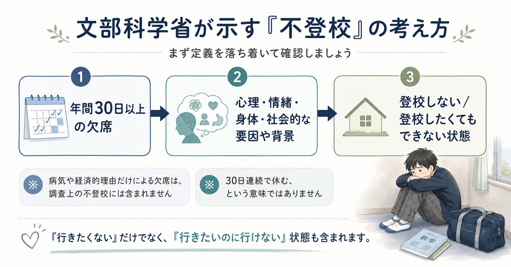 文部科学省の不登校の定義を、年間30日以上の欠席と心理的・身体的・社会的背景に分けて示した図解