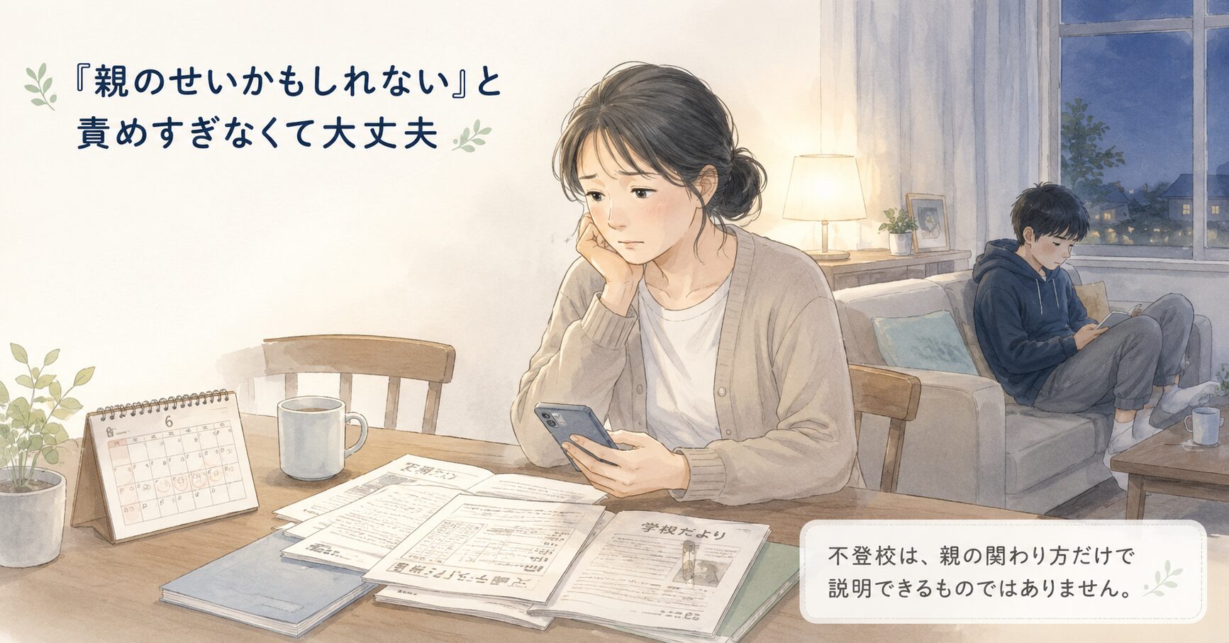 学校の書類を前に不登校の子どもについて悩む母親と、少し離れたソファで静かに過ごす中学生の挿絵