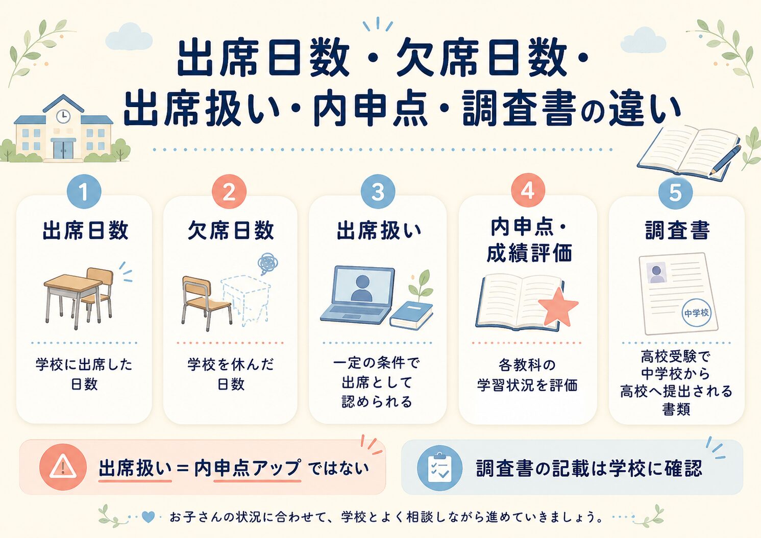 出席日数・欠席日数・出席扱い・内申点・調査書の違いを整理した図