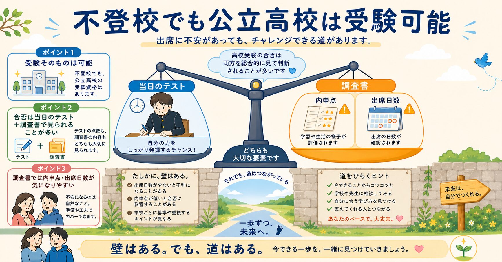 公立高校受験における、当日のテストと調査書(内申点・出席日数)のバランスを表す天秤の図解。不登校で調査書が不利になっても受験自体は可能であることを示している。