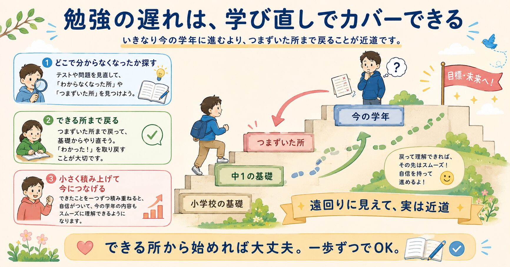 勉強の遅れを取り戻すための、学び直しの順番を表す階段のイラスト。今の学年ではなく、つまずいた小学校や中1の範囲まで戻ることの重要性を示している。