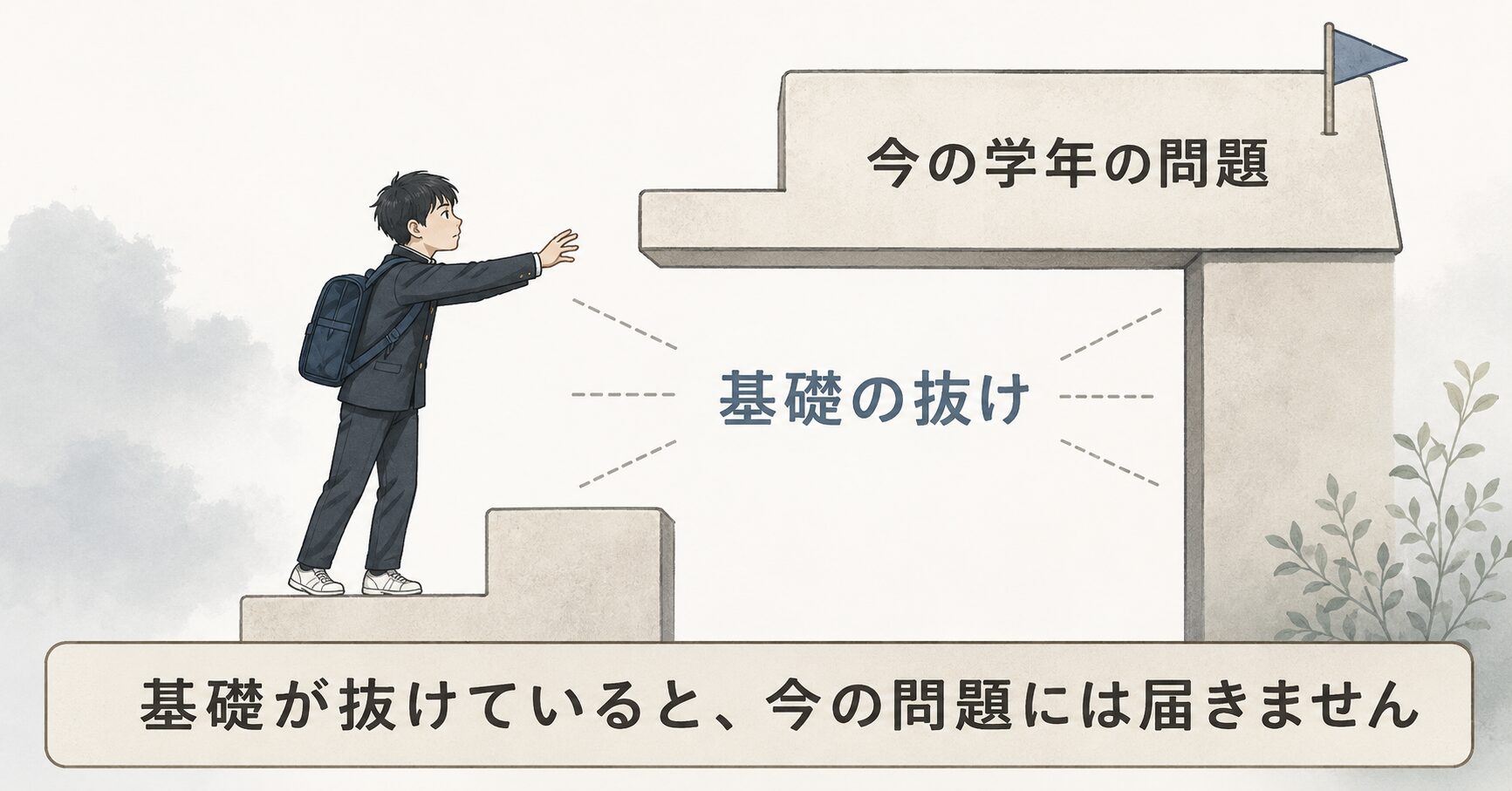 不登校の子どもの学習状況を示す階段の図。中間の「基礎」が抜け落ちているため、一番上の「今の学年の問題」には手が届かない状態を表している