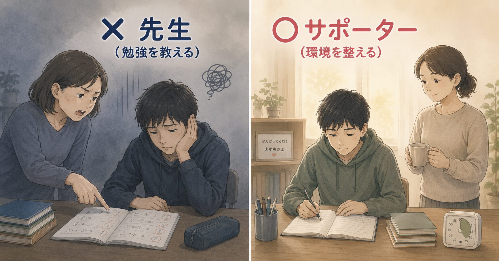 不登校の子どもに対する親の役割。勉強を教える「先生」の姿勢はNG、環境を整える「サポーター」の姿勢が正解であることを示す対比図