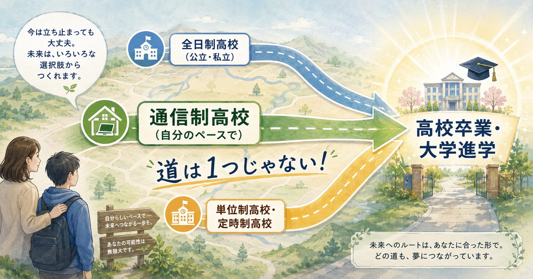 不登校からの高校進学の選択肢を示すマップ。全日制だけでなく、通信制高校や単位制高校など、高校卒業やその先の進学に繋がるルートは複数あることを示している