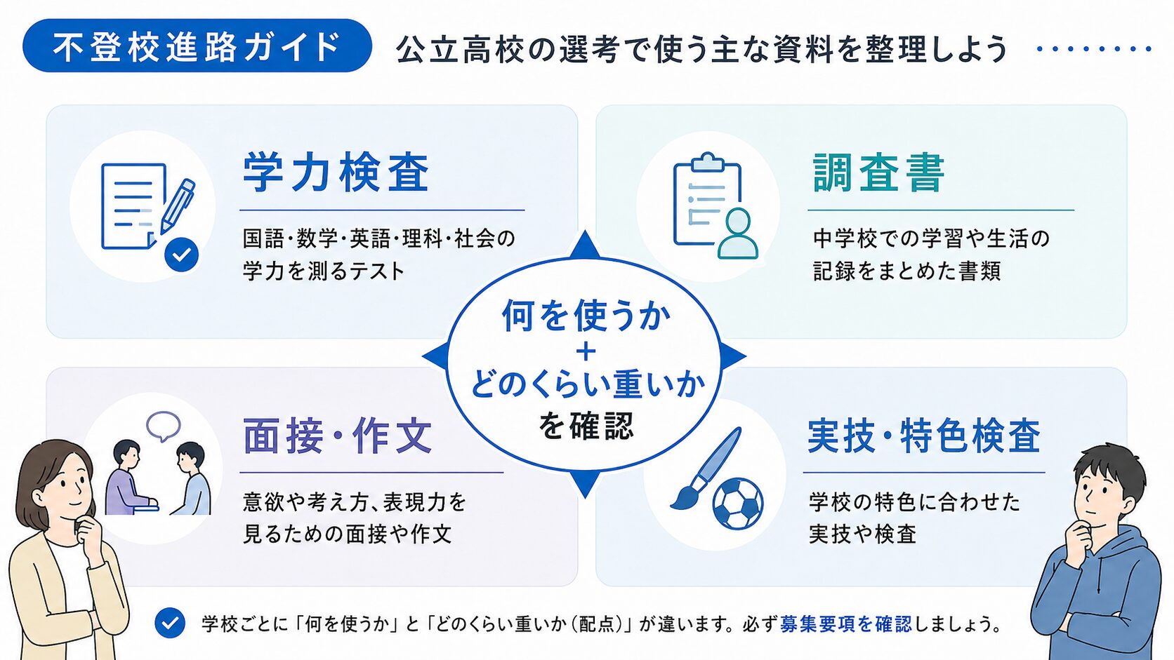 公立高校の合否判定に使われる学力検査、調査書、面接や作文、実技や特色検査を示した図
